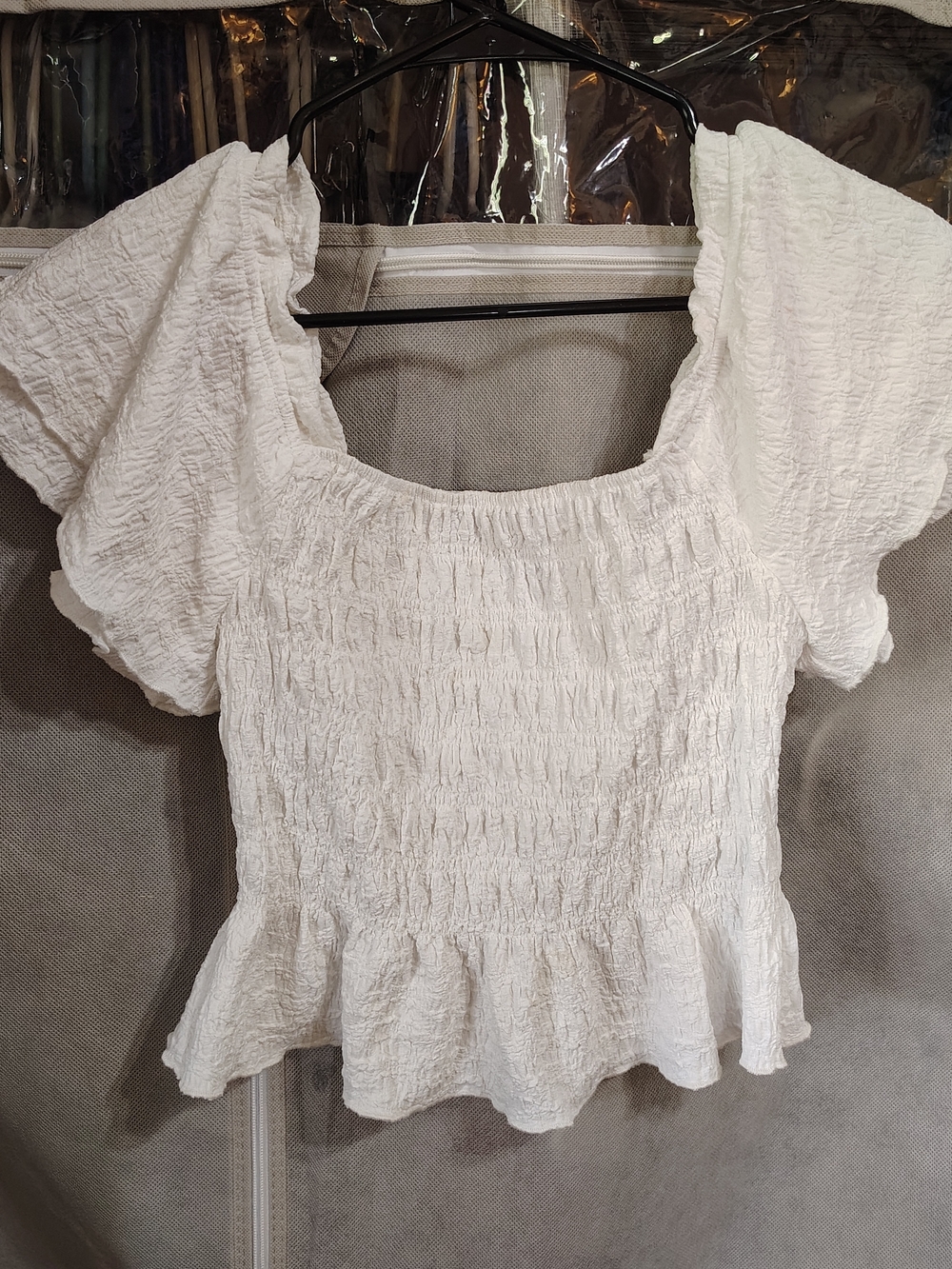 Celebrity Pink White Smocked Peplum Puff Sleeve Top